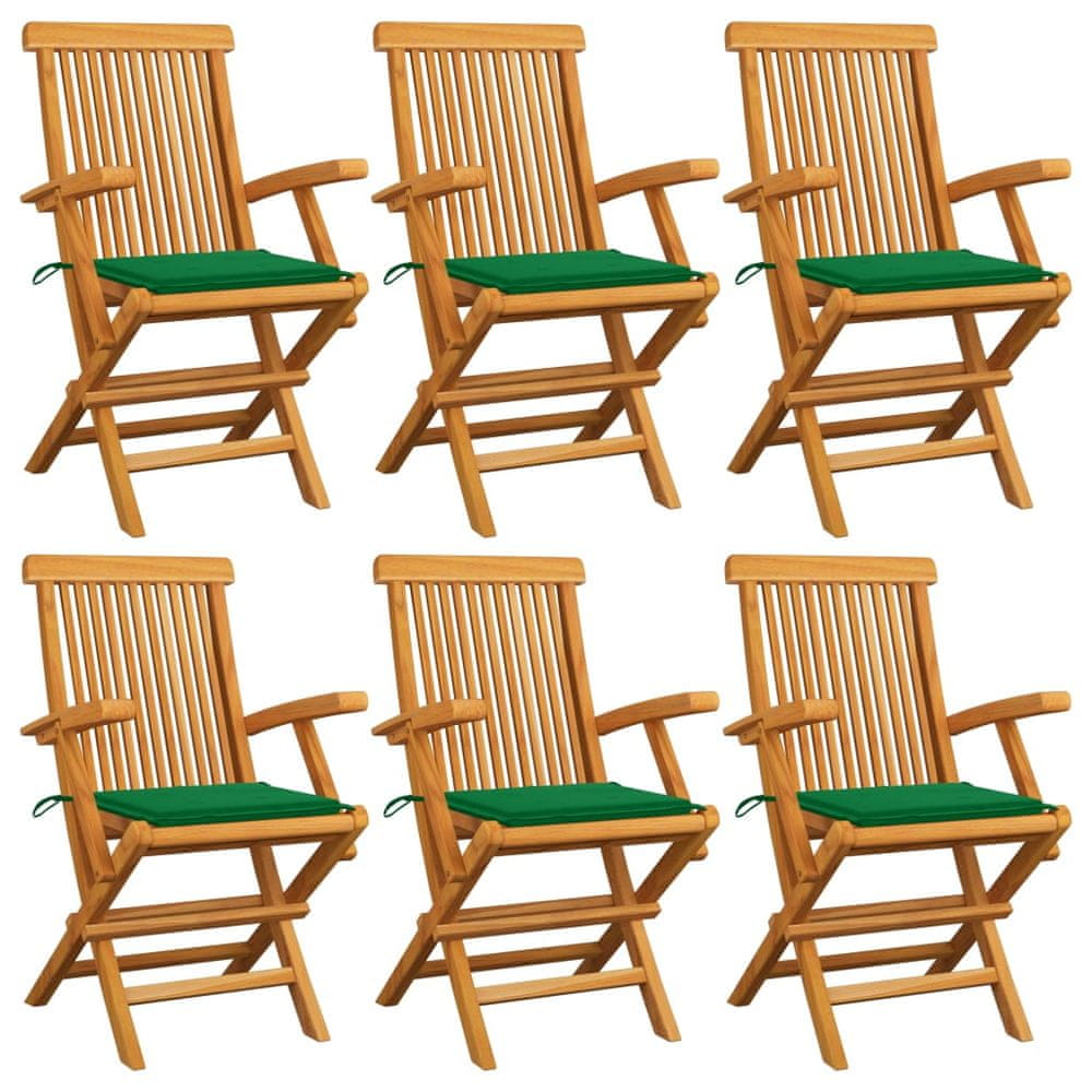 Vidaxl Záhradné stoličky, zelené podložky 6 ks, tíkový masív